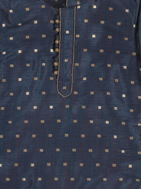 Boy's Blue Woven Design Kurta And Rose Gold Pyjama Set